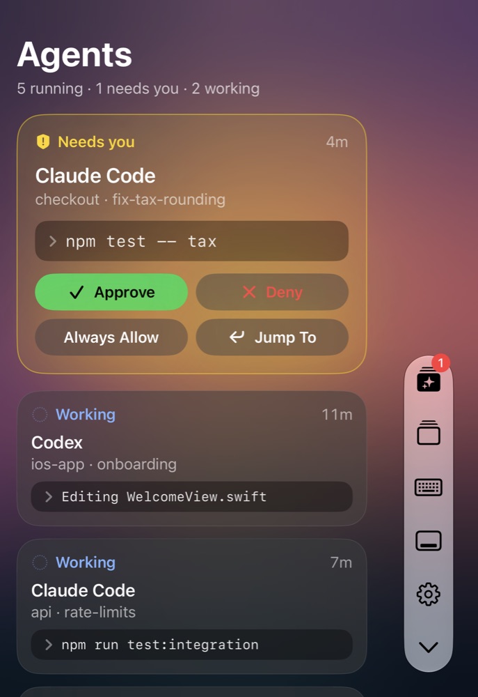 The Sidekeys agent board on iPhone Duo. A Claude Code card marked “Needs you” asks to run npm test, with Approve, Deny, Always Allow and Jump To buttons. Below it, two more agents are listed as working.